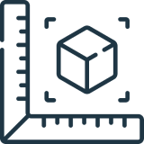Cube with rulers and measurement lines icon.
