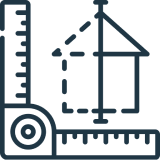 Blueprint with rulers and house outline icon.