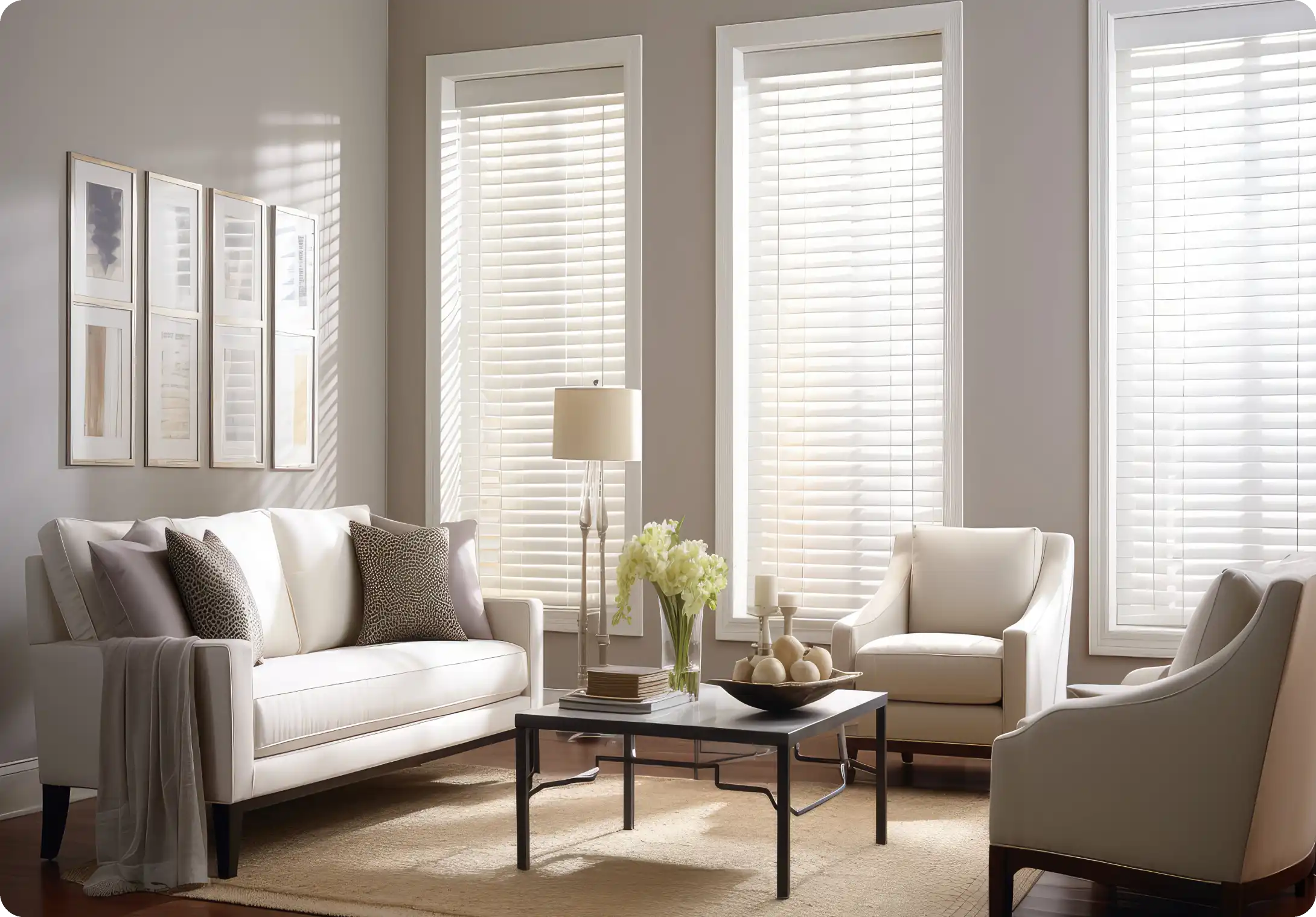 Elegant living room with neutral tones and natural light.